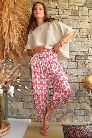 Daughter Of Ibiza Indira Shirring Cuff Pant Fuchsia & Marigold 